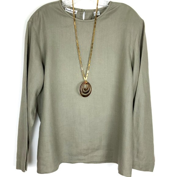 Anne Klein Tops - Vintage  Anne Klein II Linen Long Sleeve Blouse Top Taupe/ Sage Sz 14